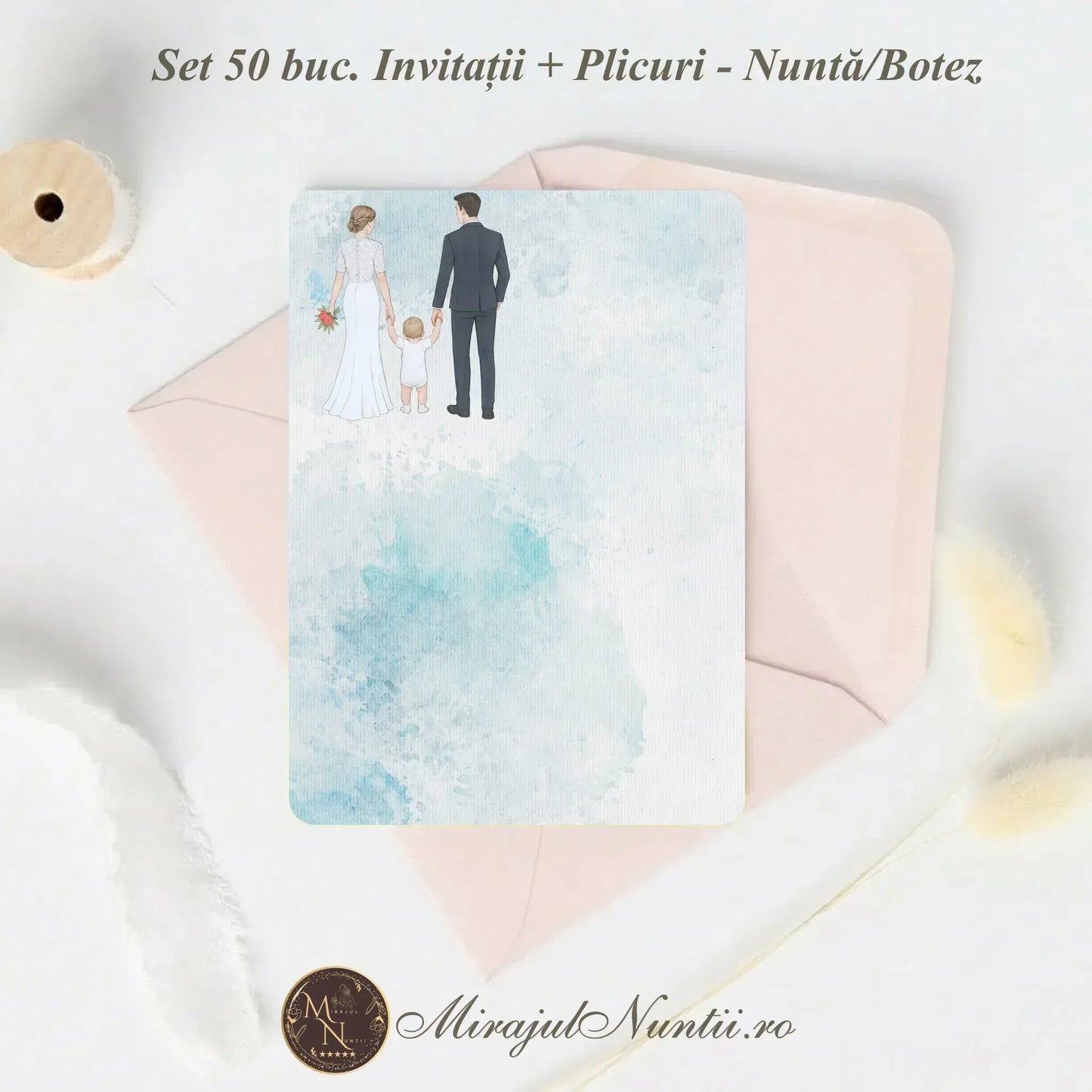 Set 50 buc. Invitație Nuntă Familia Modernă „C.23B” Necompletată + Plic Inclus - 13x19cm