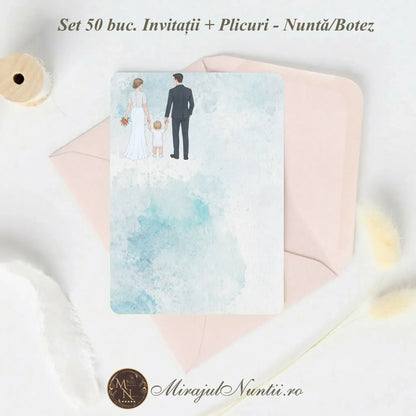 Set 50 buc. Invitație Nuntă Familia Modernă „C.23B” Necompletată + Plic Inclus - 13x19cm