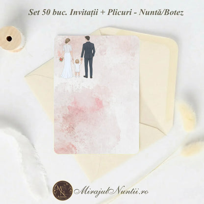 Set 50 buc. Invitație Nuntă Familia Modernă „C.23R” Necompletată + Plic Inclus - 13x19cm