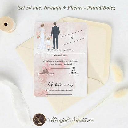 Set 50 buc. Invitație Nuntă Familia Modernă „C.23R” Precompletată + Plic Inclus - 13x19cm