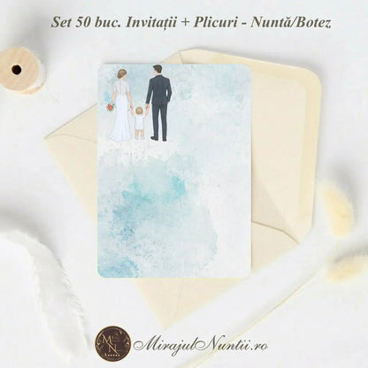 Set 50 buc. Invitație Nuntă Familia Modernă „C.23B” Necompletată + Plic Inclus - 13x19cm