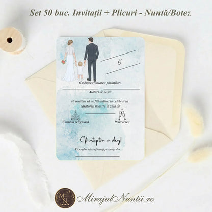 Set 50 buc. Invitație Nuntă și Botez „C.23B” Precompletată + Plic Inclus - 13x19cm