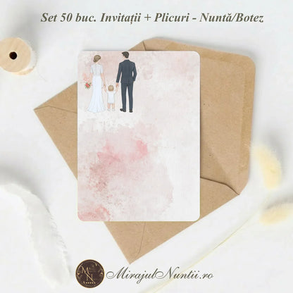 Set 50 buc. Invitație Nuntă Familia Modernă „C.23R” Necompletată + Plic Inclus - 13x19cm