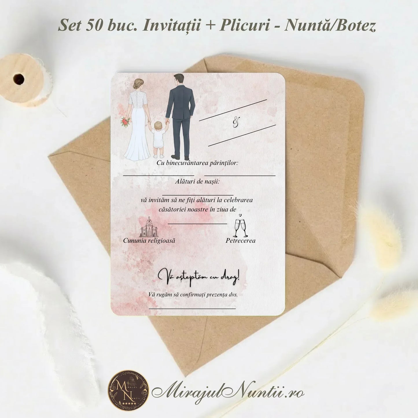 Set 50 buc. Invitație Nuntă Familia Modernă „C.23R” Precompletată + Plic Inclus - 13x19cm