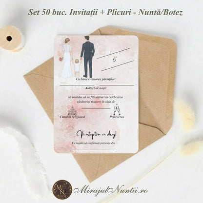 Set 50 buc. Invitație Nuntă Familia Modernă „C.23R” Precompletată + Plic Inclus - 13x19cm