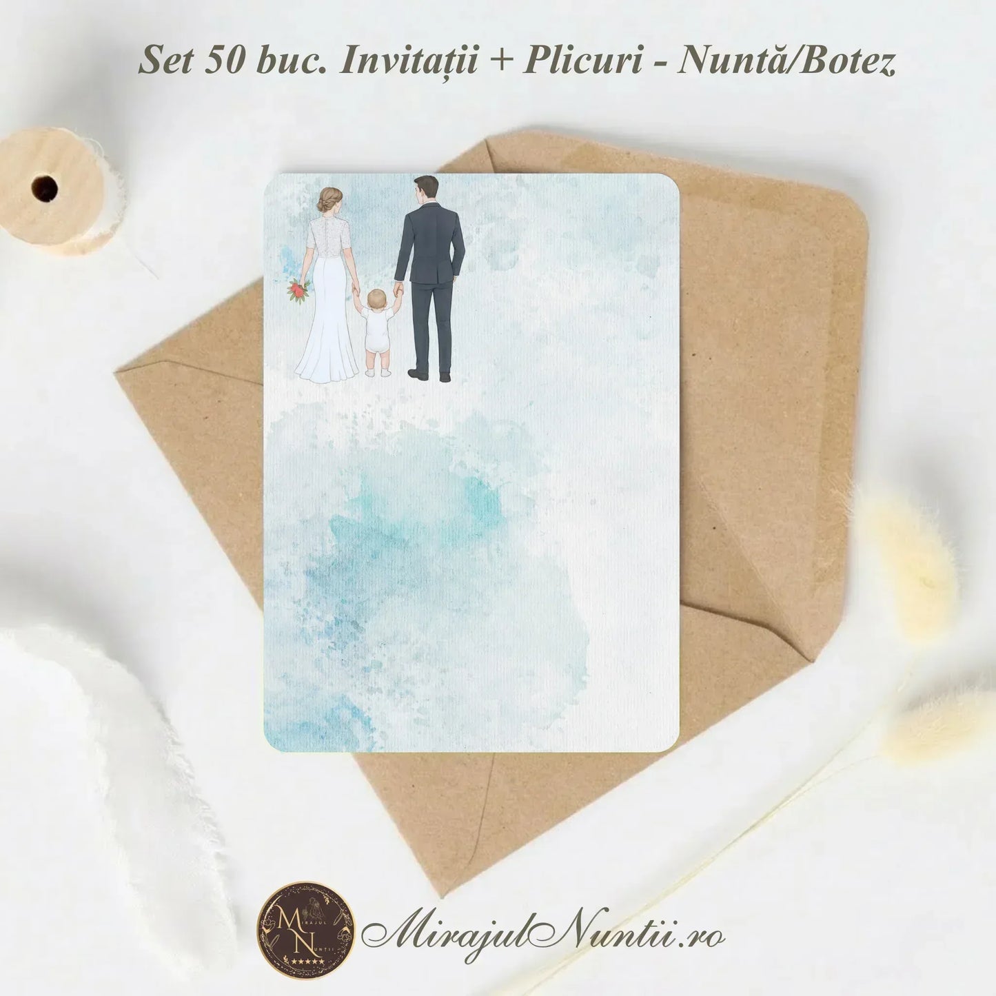 Set 50 buc. Invitație Nuntă Familia Modernă „C.23B” Necompletată + Plic Inclus - 13x19cm