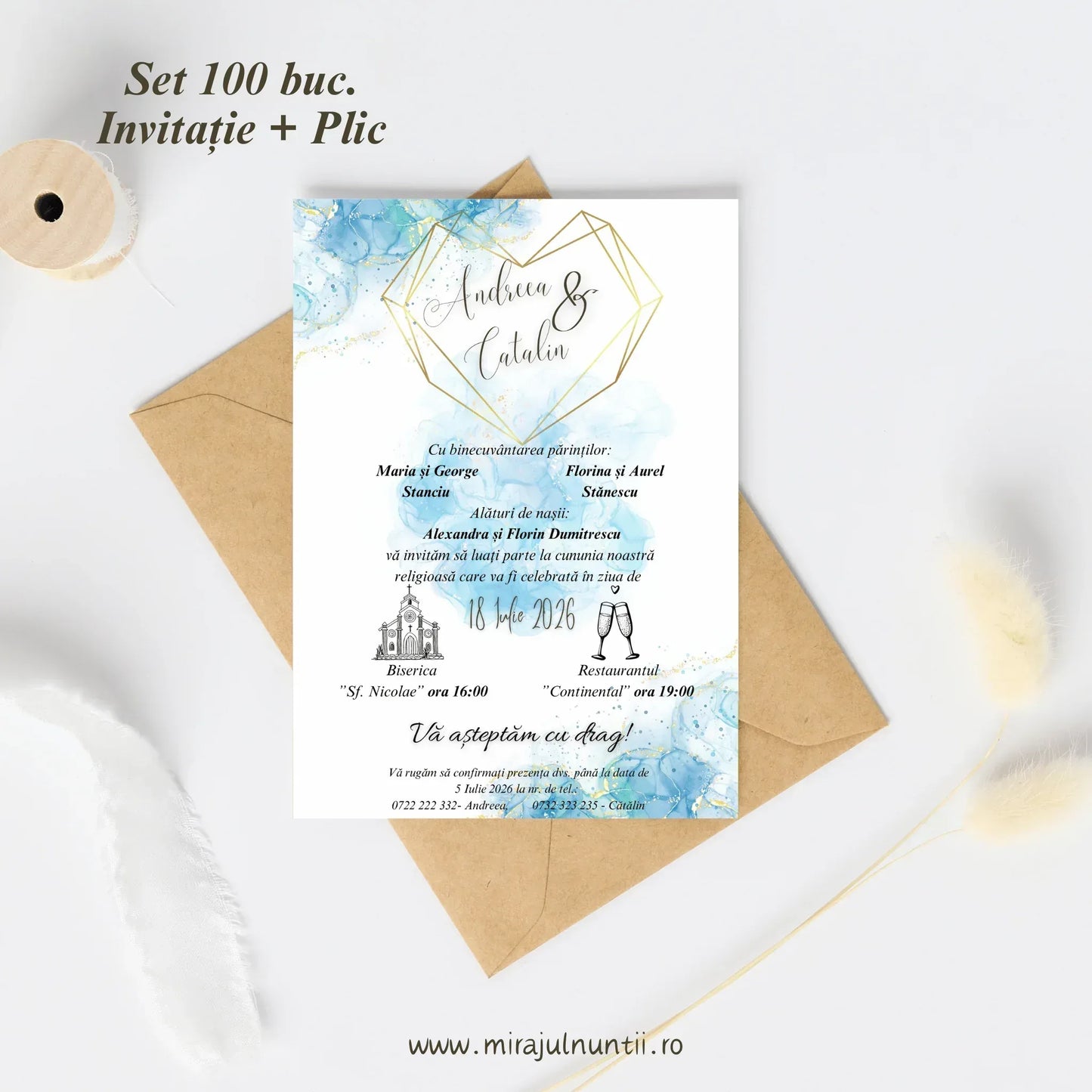 Set 100 buc. Invitații + Plic Magnific 10011 - MirajulNuntii.ro