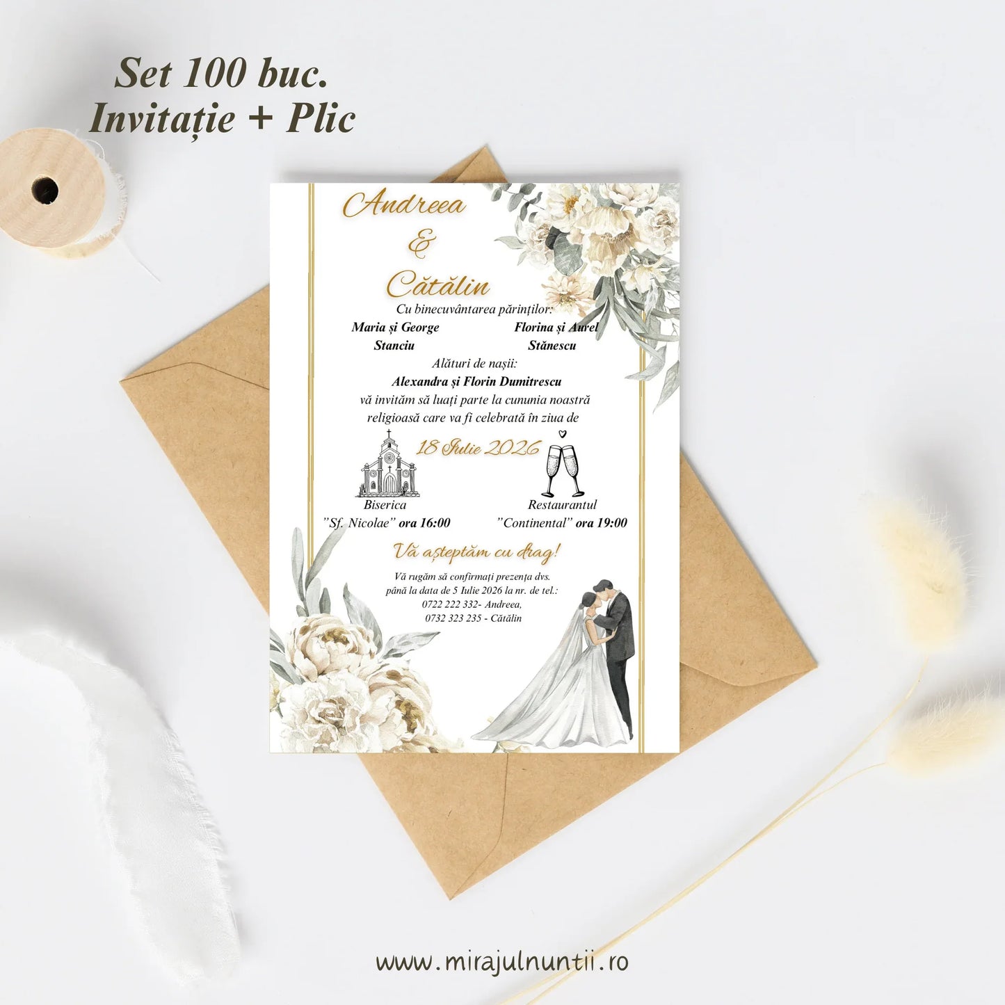 Set 100 buc. Invitații + Plic Magnific 10008 - MirajulNuntii.ro