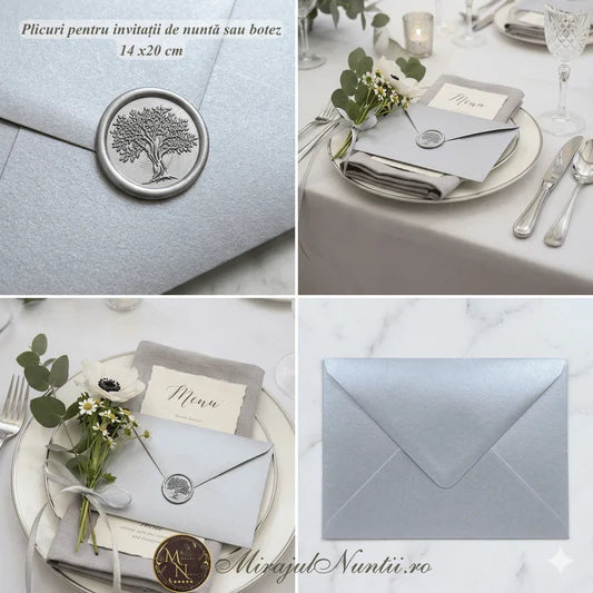 Plic de nuntă premium din carton satinat alb perlat cu sigiliu de ceară personalizat pe o masă de eveniment elegantă.