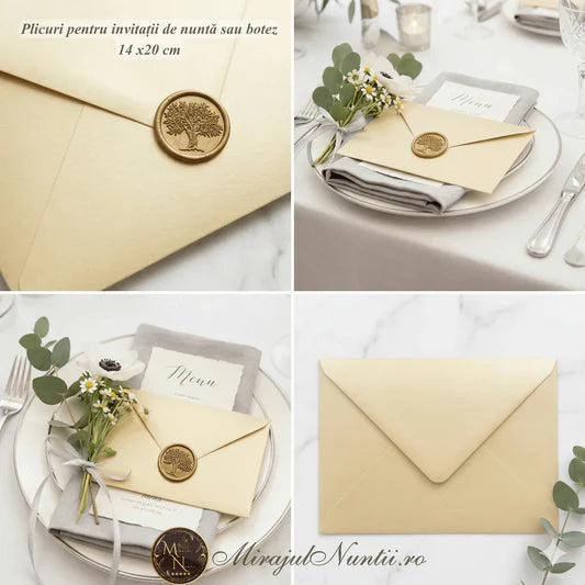 Set de plicuri premium pentru invitații de nuntă din carton satinat crem perlat cu sigiliu de ceară aurie.