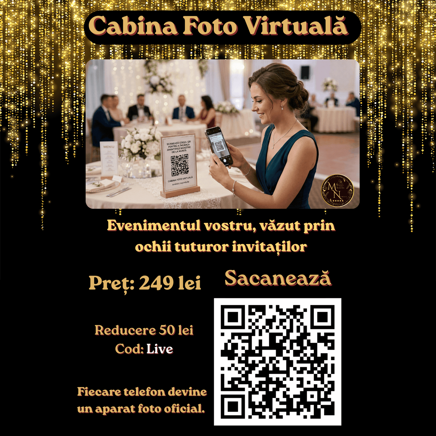 Invitată la nuntă scanând un cod QR pentru cabina foto virtuală pe o masă decorată elegant, serviciu Mirajul Nunții.