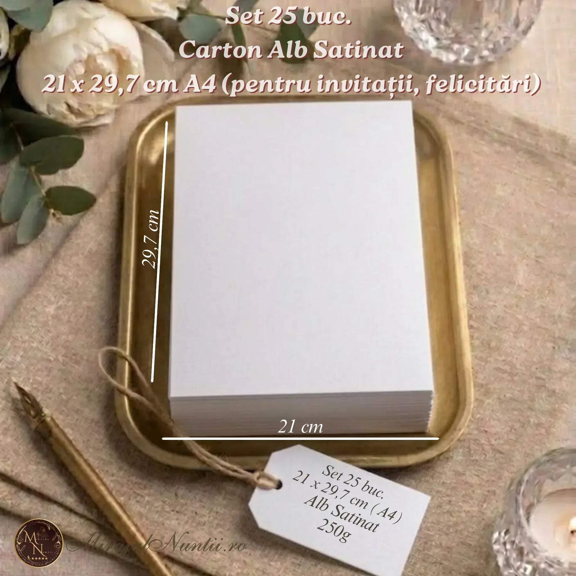 Set 25 bucăți carton alb satinat format A4, densitate 250g, ideal pentru invitații de nuntă și papetărie de lux Mirajul Nunții.