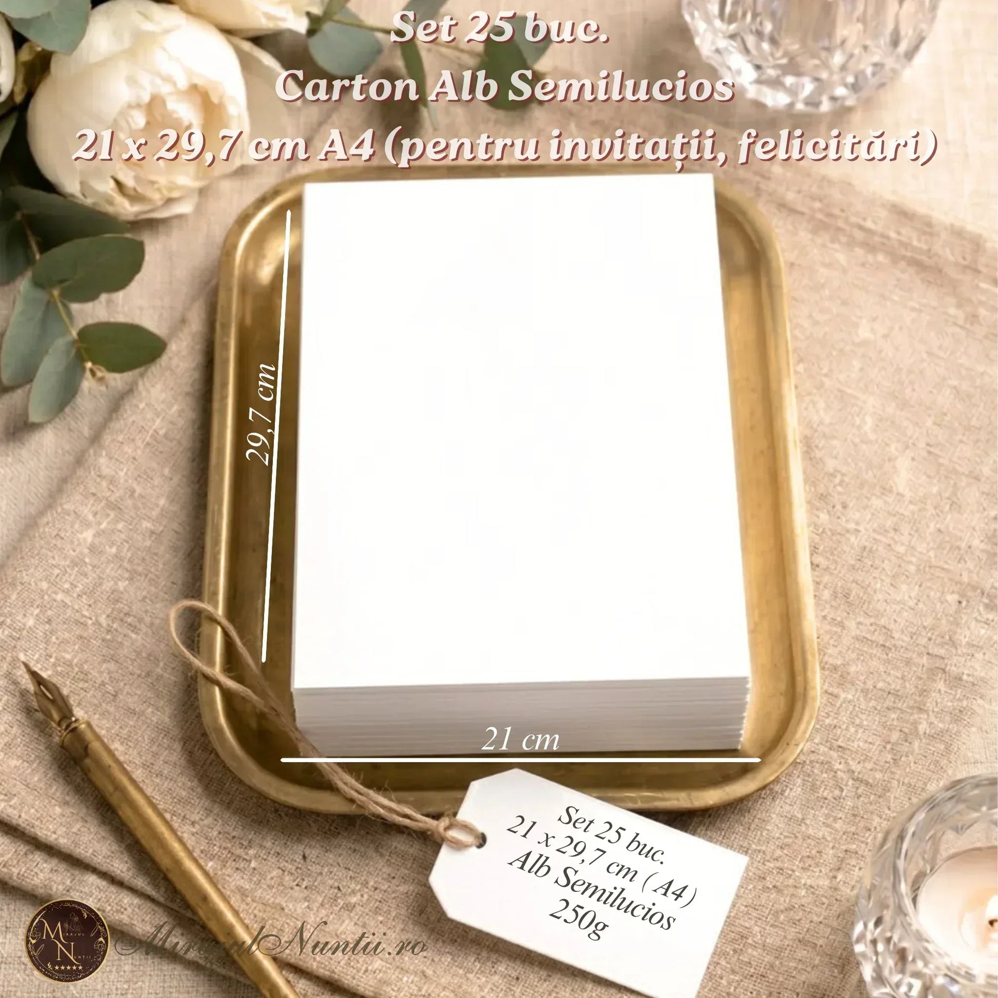 Set 25 bucăți carton alb semilucios format A4, densitate 250g, ideal pentru invitații de nuntă, meniuri și papetărie creativă Mirajul Nunții.