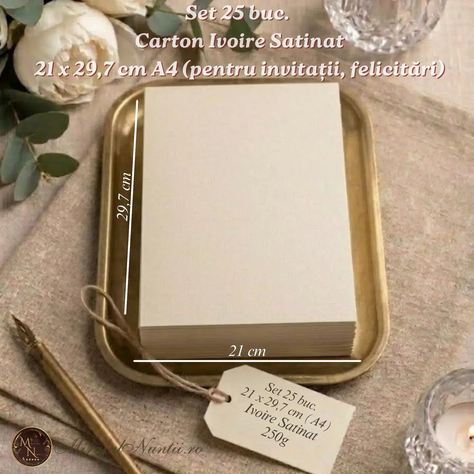 Set 25 bucăți carton crem satinat format A4, densitate 250g, pentru invitații de nuntă și papetărie de lux Mirajul Nunții