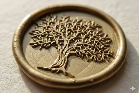 Fotografie macro cu detaliile reliefate ale unui sigiliu de ceară aurie model Copacul Vieții pentru invitații de nuntă premium.
