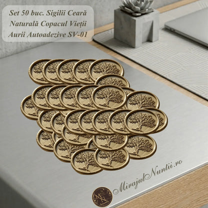 Set 50 buc Sigilii Ceară Naturală Copacul Vieții Aurii Autoadezive Invitații Nunți SV-01
