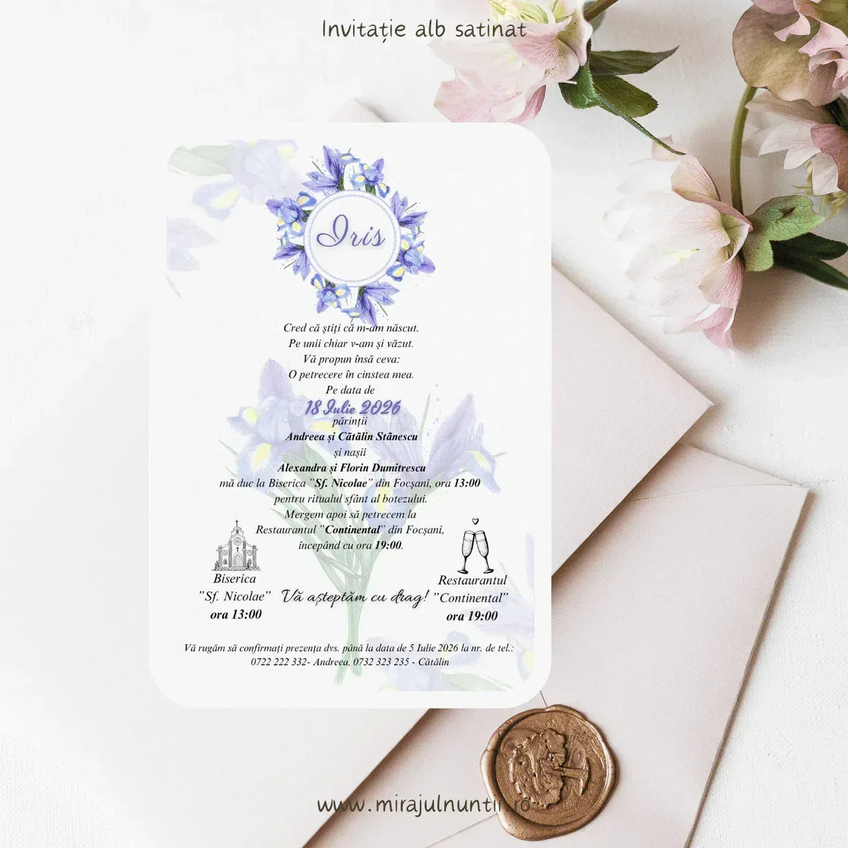 Invitație de botez cod Magnific B.16-20016 cu numele micuței scris caligrafic în interiorul coroniței de iriși.