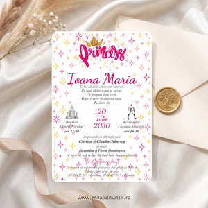 Invitație de botez tipărită cu inscripția Princess roz și coroniță aurie, steluțe roz și aurii pe fond alb, numele Ioana Maria, cod B. 6017