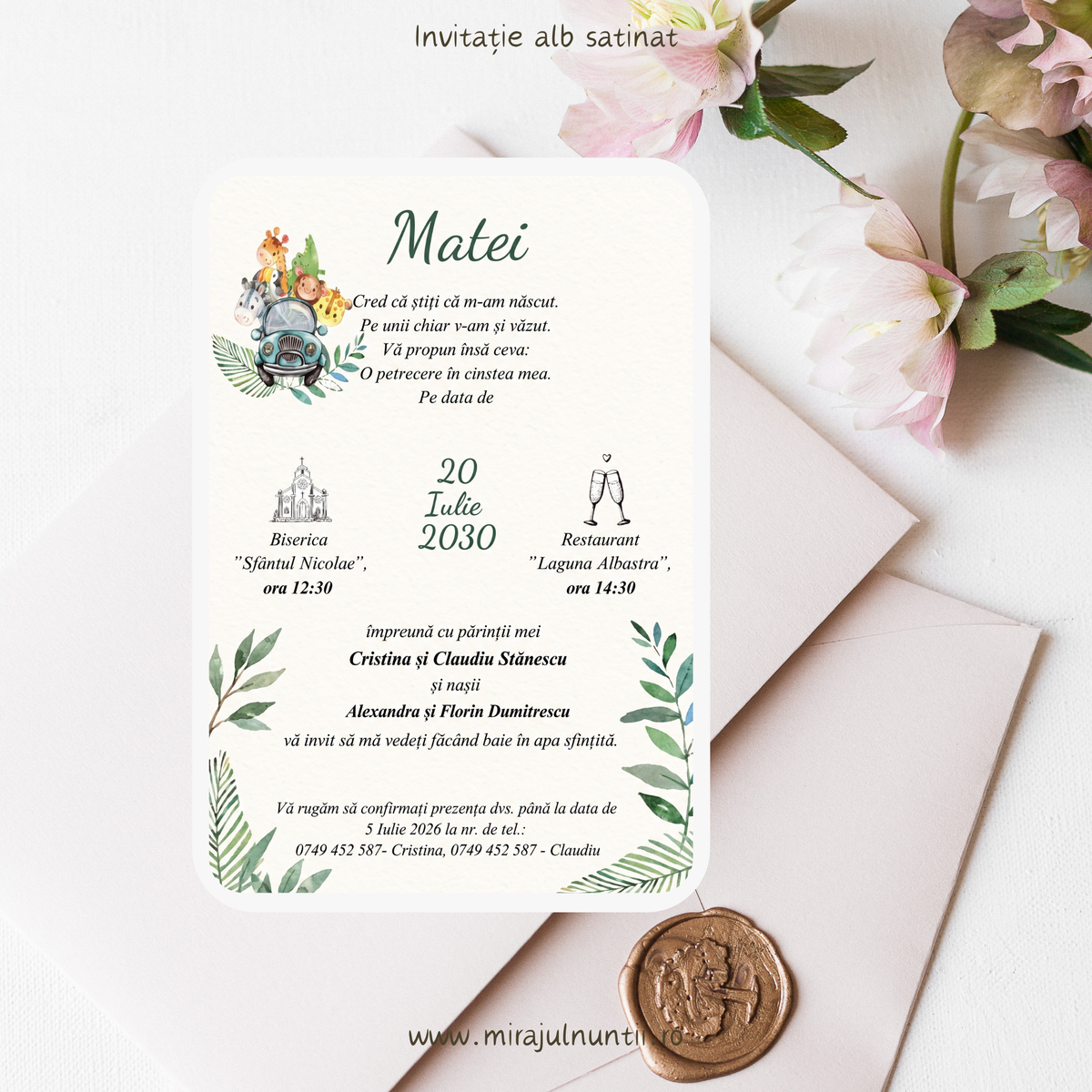 Invitație de botez cod Magnific B. 7600 cu data la mijloc, între ilustrațiile pentru biserică și restaurant, și frunze tropicale în colțuri.