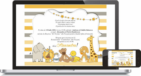 Invitație digitală de botez cod Miraj 6004 cu animăluțe safari și dungi galben-gri, afișată pe laptop și telefon.