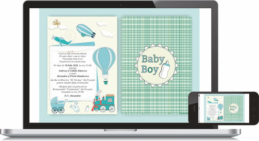 Invitație digitală de botez cod Miraj 6009 cu insigna Baby Boy, balon cu aer cald și trenuleț, verde mentă, afișată pe laptop și telefon.