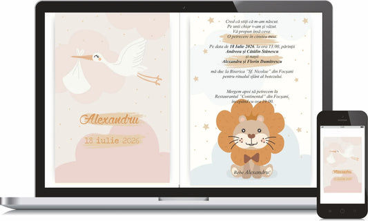 Invitație digitală de botez cod Miraj 6011 cu barză și leuț, în nuanțe pastel, afișată pe laptop și telefon.