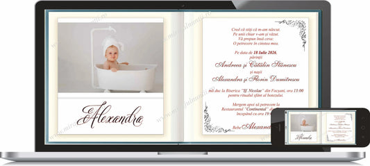 Invitație digitală de botez cod Miraj 6032 cu fotografie cu bebeluș în cădiță, afișată pe laptop și telefon.
