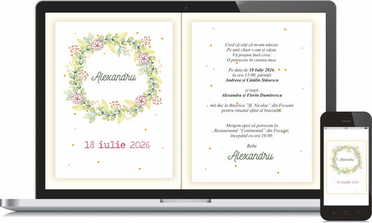 Invitație digitală de botez cod Miraj 6010 cu coroniță de flori și verdeață pe fundal crem, afișată pe laptop și telefon.
