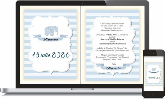 Invitație digitală de botez cod Miraj 6003 cu dungi bleu și elefănțel, afișată pe laptop și telefon.