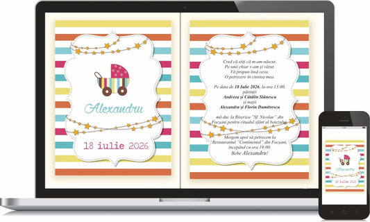 Invitație digitală de botez cod Miraj 6001 cu dungi colorate, cărucior și ghirlandă de steluțe, afișată pe laptop și telefon.
