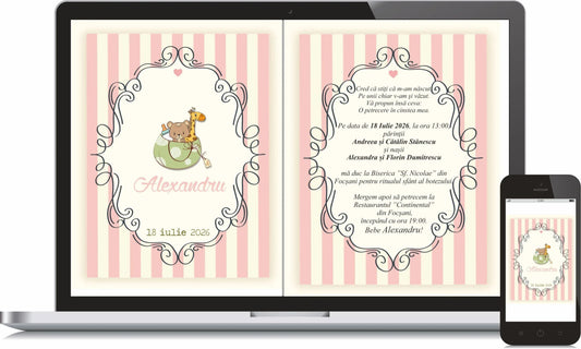 Invitație digitală de botez cod Miraj 6002 cu dungi roz, chenar ornamental negru și ursuleț, afișată pe laptop și telefon.
