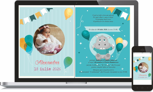 Invitație digitală de botez cod Miraj 6014 cu fotografia micuței, hipopotam, baloane și stegulețe pe fundal turcoaz, afișată pe laptop și telefon.