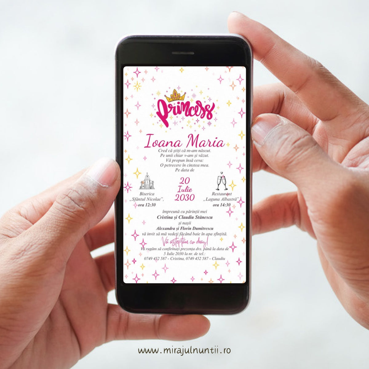 Invitație digitală de botez pe ecranul telefonului, cu inscripția Princess roz, coroniță aurie și steluțe pe fond alb, Ioana Maria, cod B. 6017