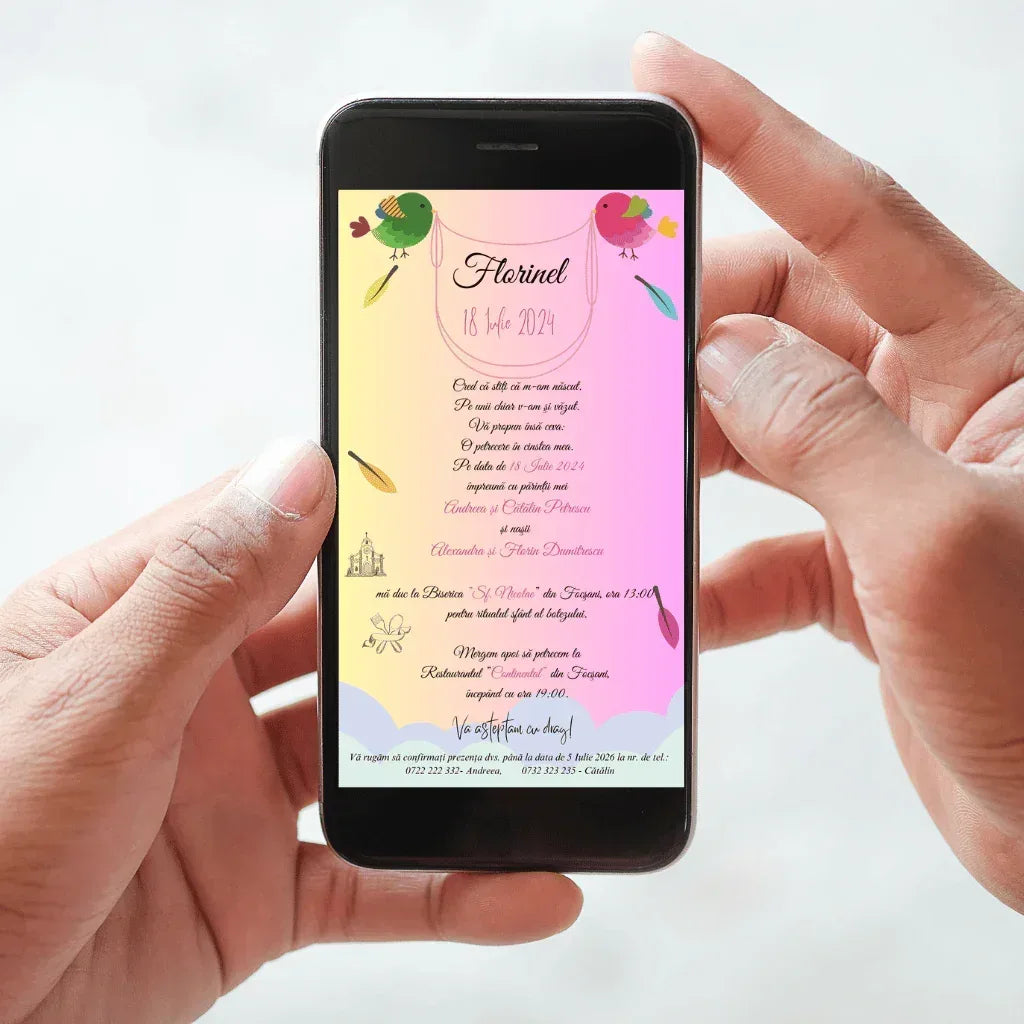 Invitație digitală de botez cod Magnific B.5 afișată pe telefon, cu fundal în degradeu curcubeu și două păsărele colorate.
