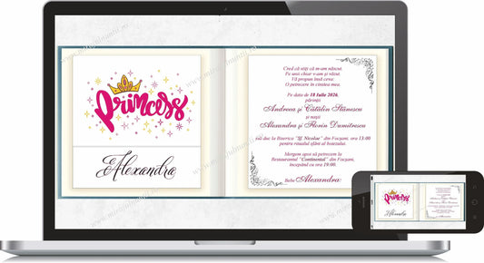 Invitație digitală de botez cod Miraj 6017 cu titlul Princess în roz și coroniță aurie, afișată pe laptop și telefon.