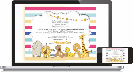 Invitație digitală de botez cod Miraj 6005 cu animăluțe safari și dungi colorate, afișată pe laptop și telefon.