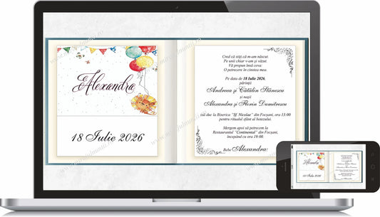 Invitație digitală de botez cod Miraj 3456 în stil carte deschisă, cu stegulețe și baloane colorate, afișată pe laptop și telefon.