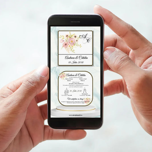 Invitație digitală de nuntă cu flori roz în acuarelă și monogramă, afișată pe telefon – cod Miraj 7721