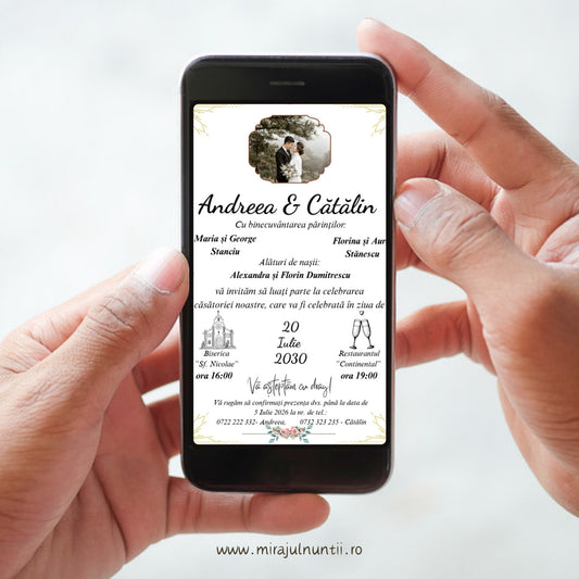 Invitație digitală de nuntă cu medalion foto al mirilor într-o ramă festonată maro, ornamente aurii în colțuri și ghirlandă de flori roz-pudră, Alb și Auriu, cod C.2-10002
