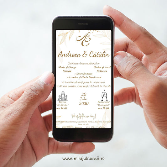 Invitație digitală de nuntă cod C.55 cu monogramă aurie A&C, frunze și ramuri aurii desenate și buline aurii, afișată pe ecranul unui telefon ținut în mâini
