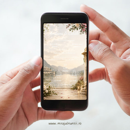 Invitație digitală de nuntă C.53 pe ecranul unui telefon ținut în mâini: palat pe lac cu foișor și flori roz pictate, cu texte albe