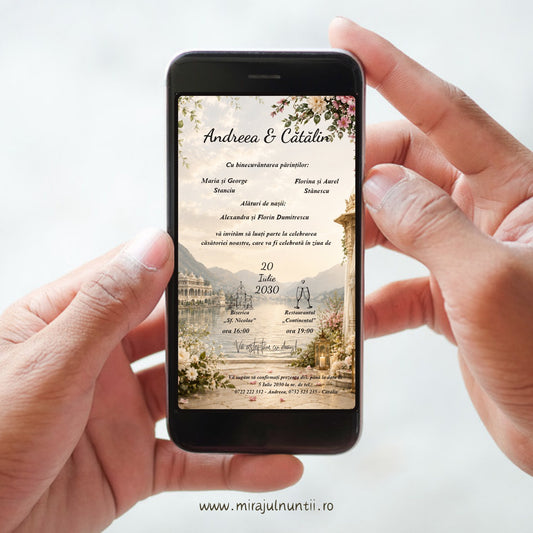 Invitație digitală de nuntă C.53 pe ecranul unui telefon ținut în mâini: scenă pictată, în tonuri deschise, cu un palat pe malul unui lac, foișor și flori roz; numele mirilor, textul invitației și data, în maro închis