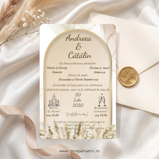 Invitație de nuntă C.54 cu arcadă aurie, marmură crem și iarbă de pampas jos, cu textele în auriu-măsliniu și maro închis, lângă un plic crem cu sigiliu auriu