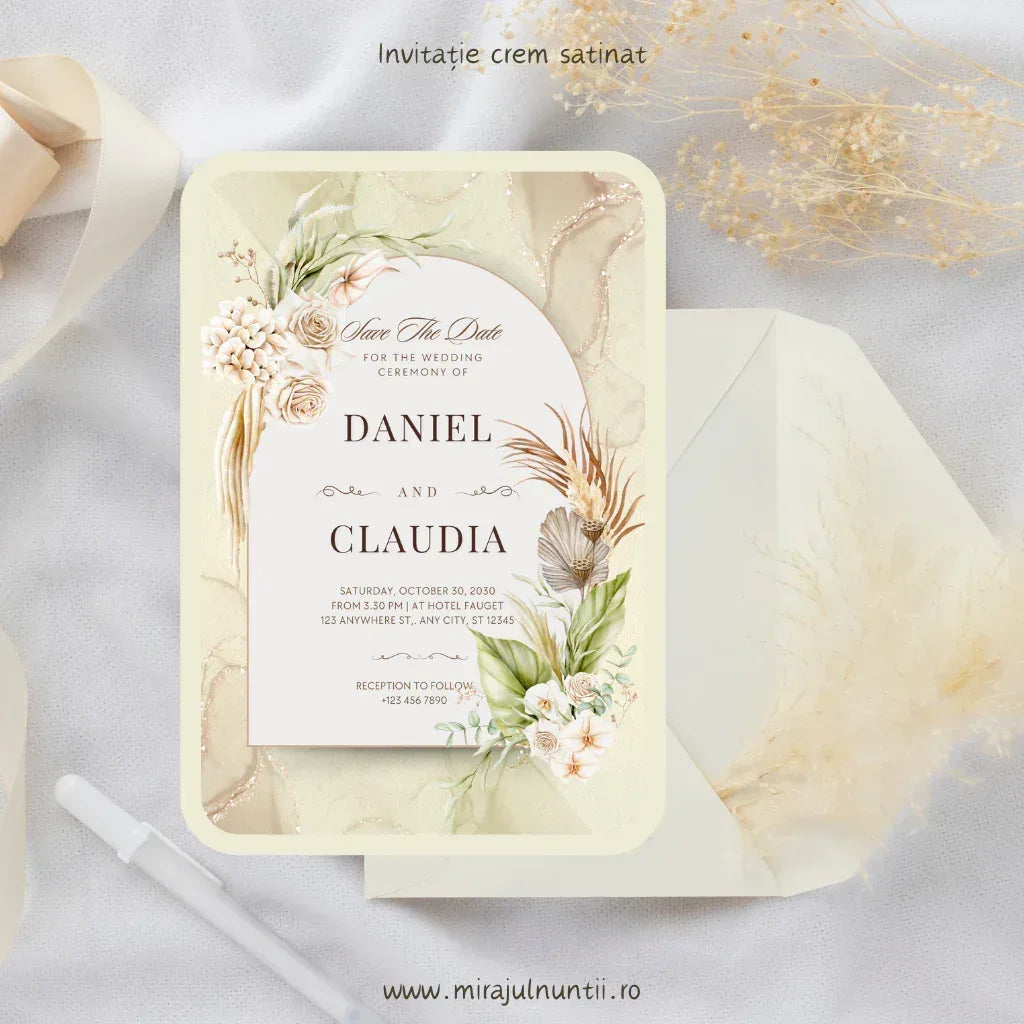 Invitație de nuntă boho cod Magnific C.39 cu pampas, frunze de palmier și trandafiri crem.