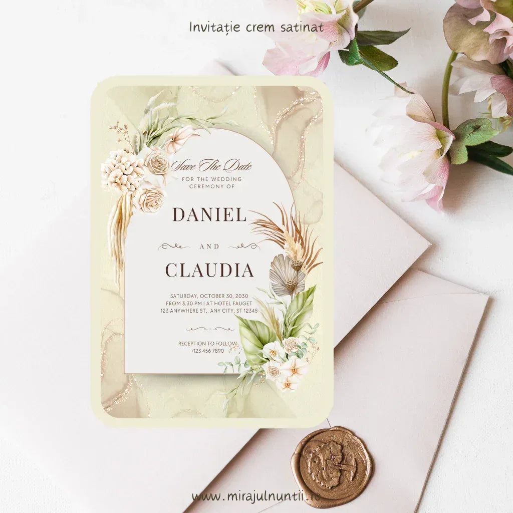 Invitație de nuntă cod Magnific C.39 cu efect de marmură bej și flori boho.