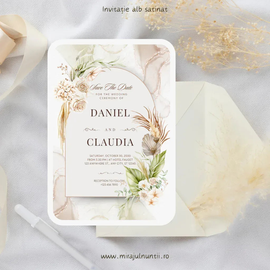 Invitație de nuntă cod Magnific C.39 pe carton alb satinat, cu arcadă crem pe marmură bej și buchete boho de pampas și trandafiri, lângă un plic crem.