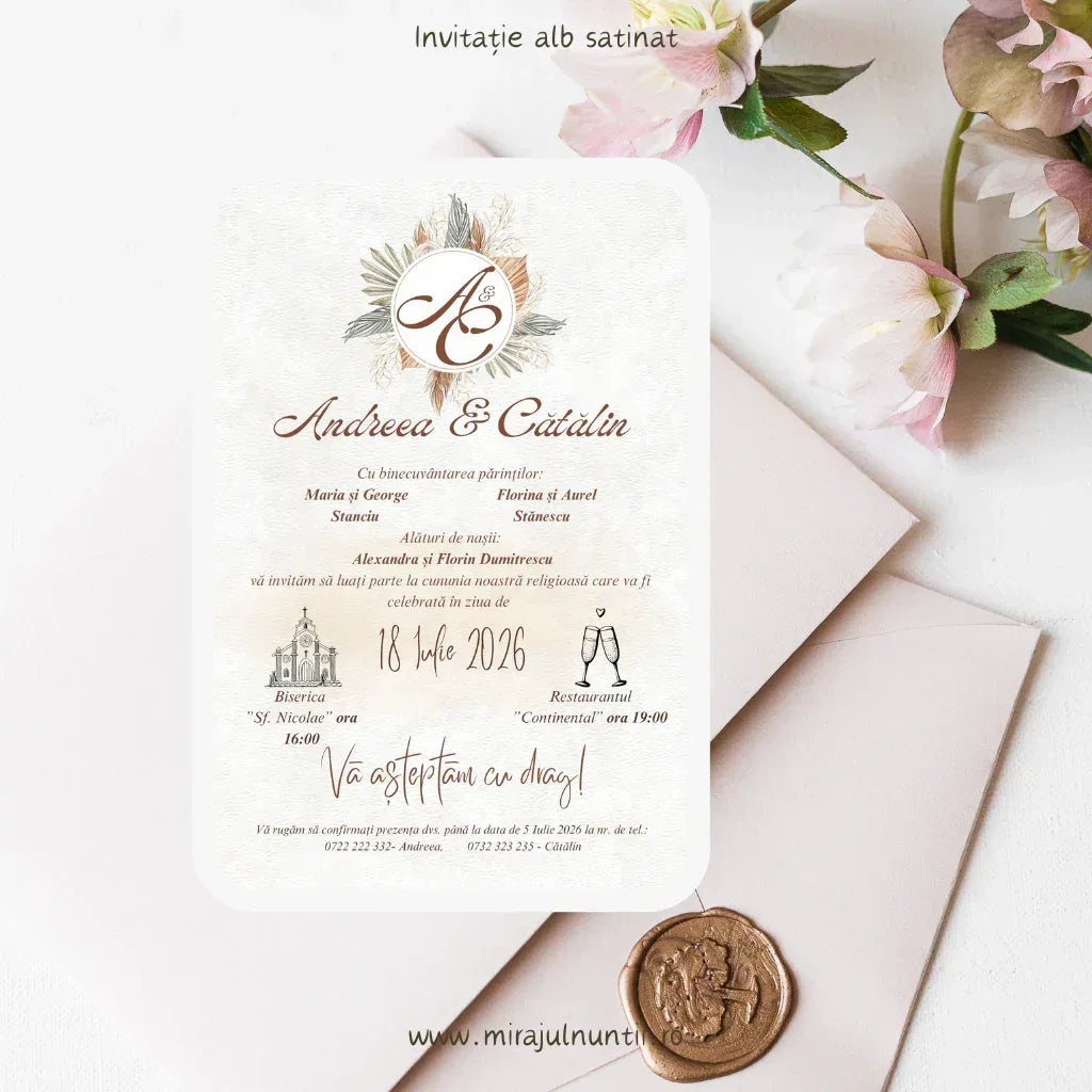 Invitație de nuntă cod Magnific C.29 în teracotă și crem, cu nume scrise caligrafic.