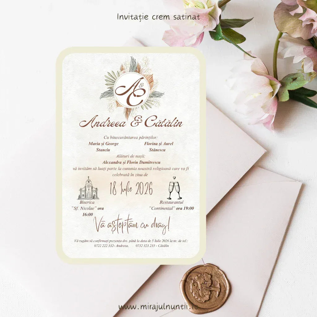 Invitație de nuntă boho cod Magnific C.29 cu pampas, frunze și inițialele mirilor.