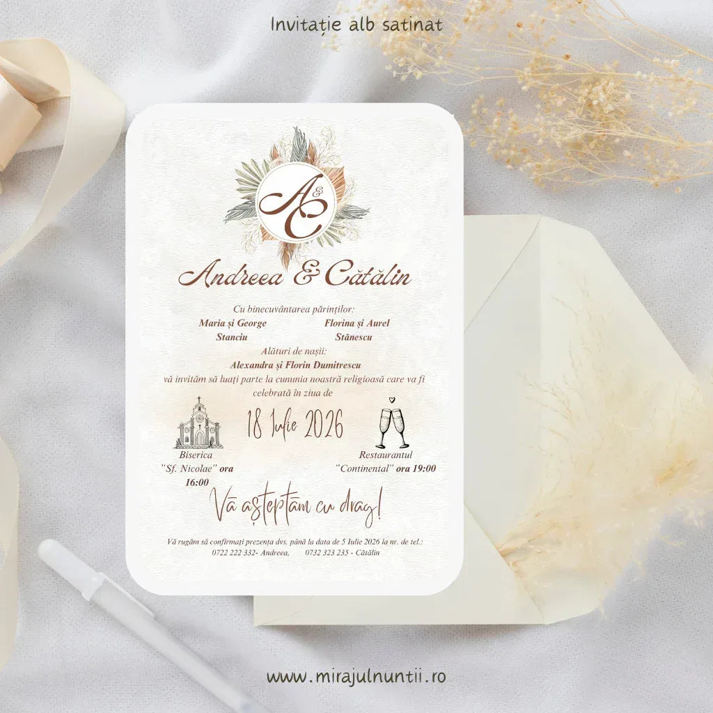 Invitație de nuntă cod Magnific C.29 pe carton alb satinat, cu monogramă încadrată de flori uscate și pampas în teracotă și bej, lângă un plic crem.
