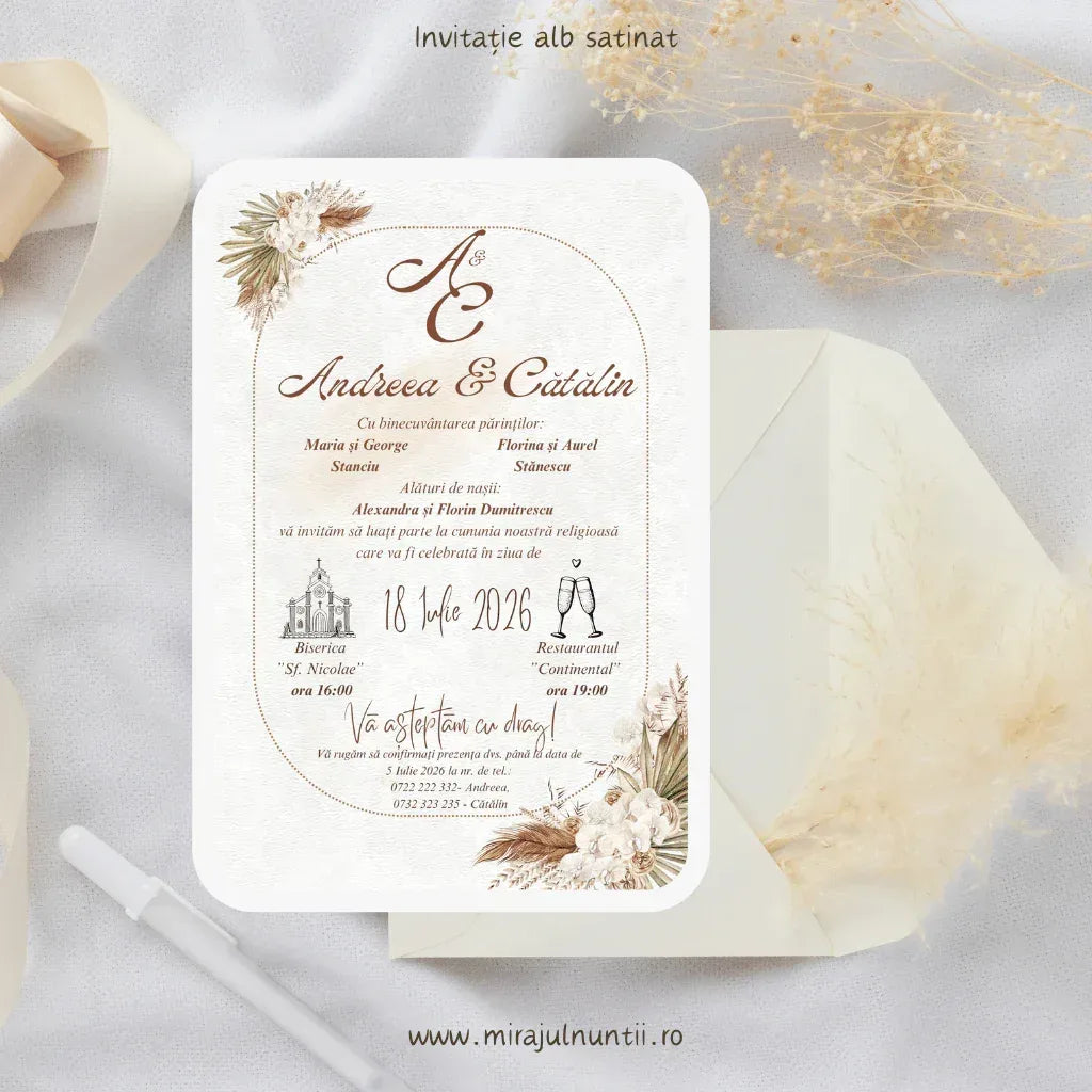 Invitație de nuntă cod Magnific C.30 pe carton alb satinat, cu pampas, orhidee albe și chenar arcuit auriu, în teracotă și crem, lângă un plic crem.